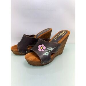 Sbicca Vintage Collection Floral Wooden Wedge Slide Sandals Brown Leather Sz 8
